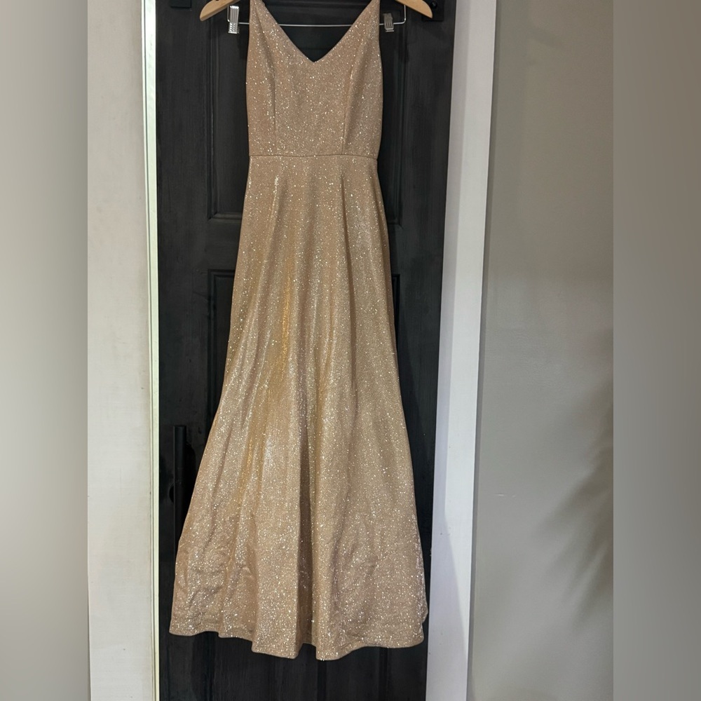 David’s Bridal Glitter Spaghetti Strap Gown Gold Size 1 (altered) - Picture 5 of 13